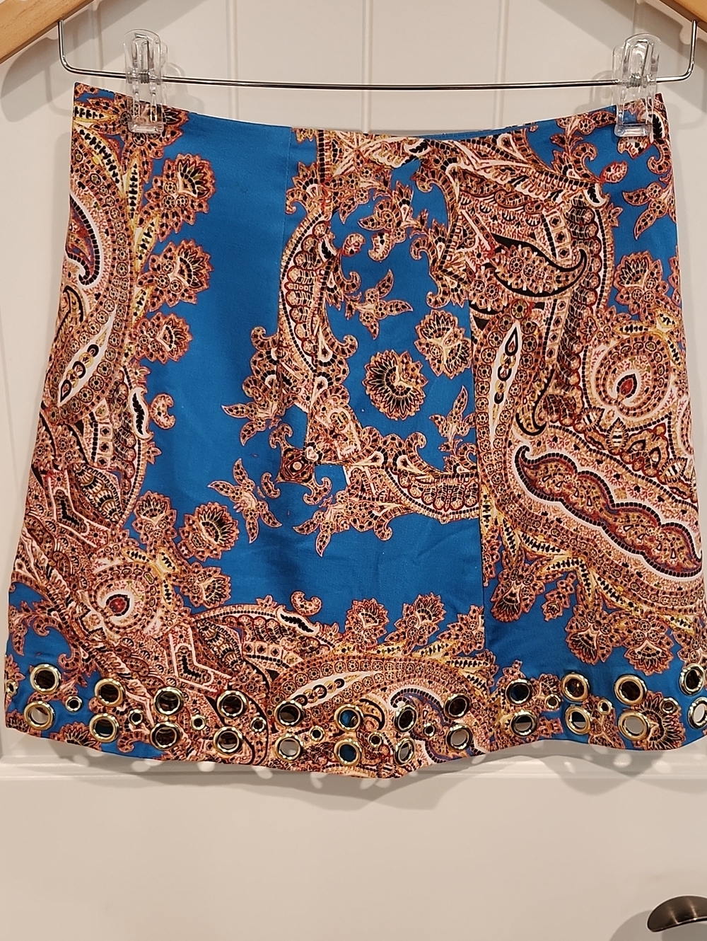 Marciano Blue Paisley Mini Skirt with Grommet Trim